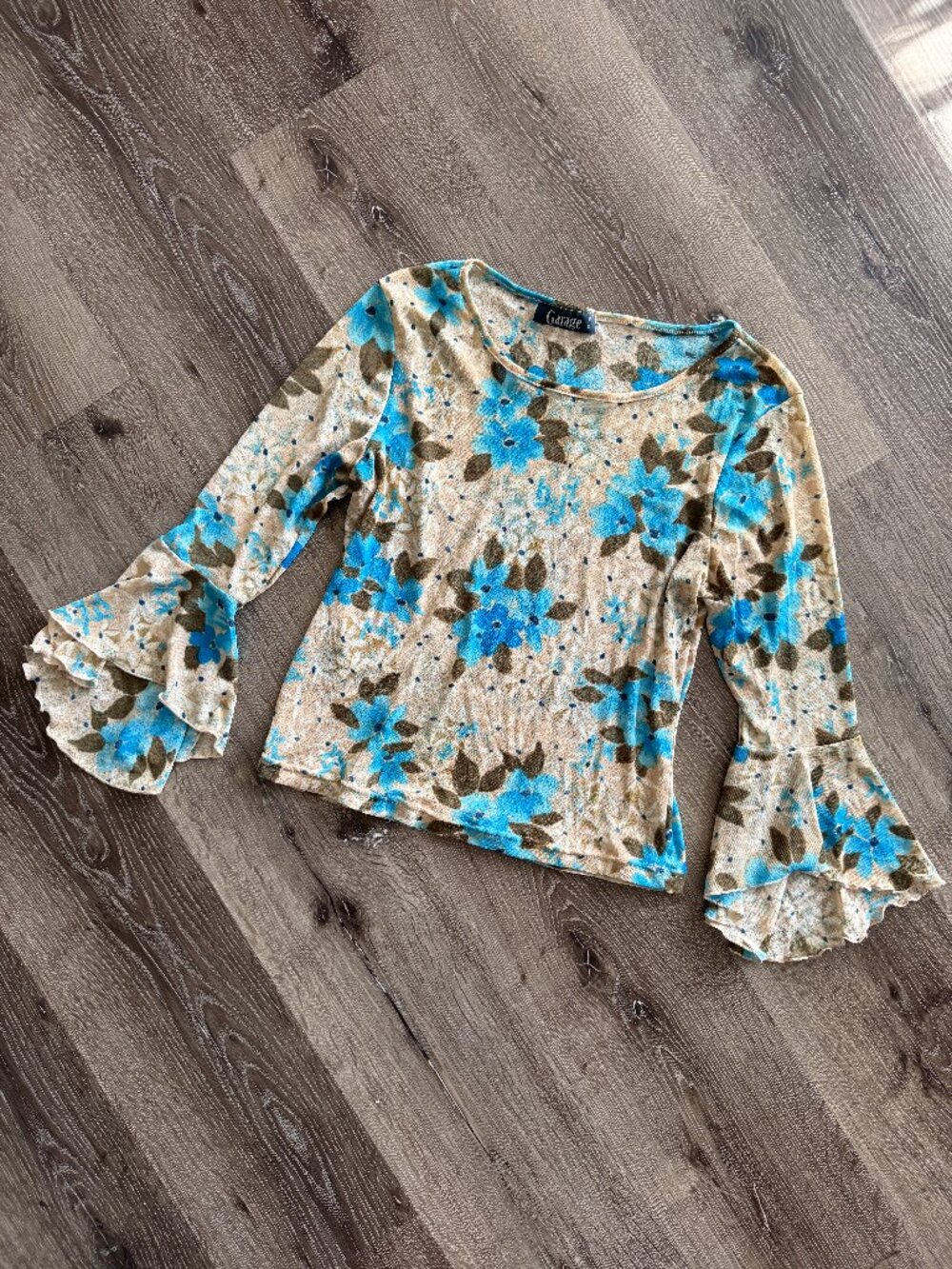 Vintage Y2K Garage Floral Blouse | Beige Blue Sheer Mesh Bell Sleeve Top S